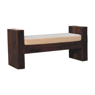 Angled view of Birch Bedroom Bench Reclaimed Teak Oak bouclé Cushion Chunky Block Legs Stretcher Rail