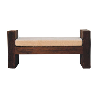 Front view of Birch Bedroom Bench Reclaimed Teak Oak bouclé Cushion Chunky Block Legs Stretcher Rail