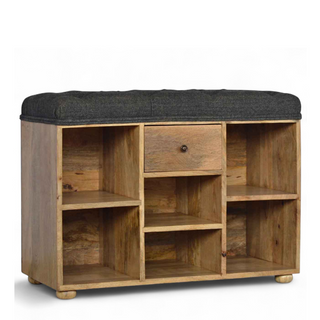 Angled view of Black Tweed Upholstered 6-Slot Shoe Storage Bench, showing the upholstered seat, legs and silhouette
