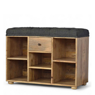 Side view of Black Tweed Upholstered 6-Slot Shoe Storage Bench, showing the upholstered seat, legs and silhouette