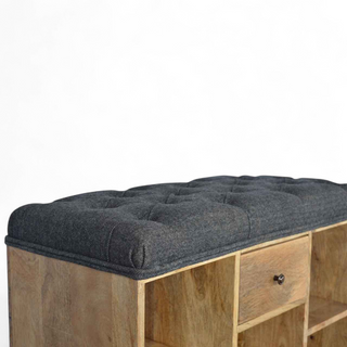 Back view of Black Tweed Upholstered 6-Slot Shoe Storage Bench, showing the upholstered seat, legs and silhouette