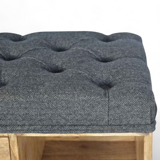 Leg detail view of Black Tweed Upholstered 6-Slot Shoe Storage Bench, showing the upholstered seat, legs and silhouette