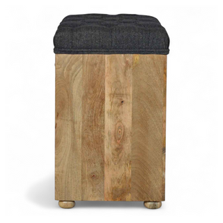 Seat detail view of Black Tweed Upholstered 6-Slot Shoe Storage Bench, showing the upholstered seat, legs and silhouette
