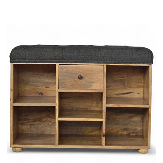 Front view of Black Tweed Upholstered 6-Slot Shoe Storage Bench, showing the upholstered seat, legs and silhouette