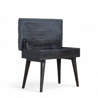 Angled view of Black Tweed Upholstered Solid Wood Storage Bench with solid wood black tweed