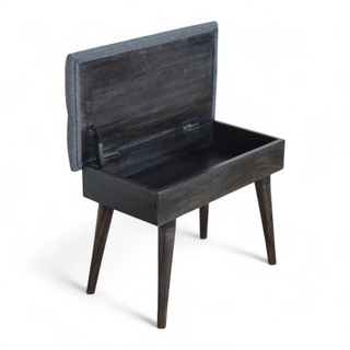 Side view of Black Tweed Upholstered Solid Wood Storage Bench with solid wood black tweed