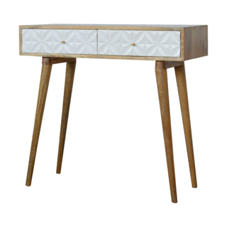 Side angle view of Blanc Console Table with Drawers White Diamond Carved Mango Wood Oak