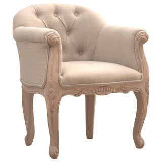 Angled view of Blanché Armchair Mud Linen Buttoned French Tub Carved Cabriole