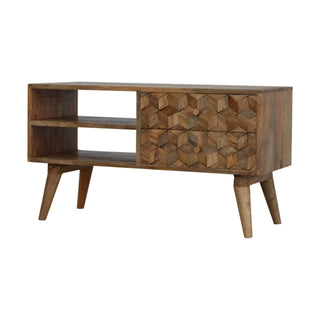 Side angle view of Block Media Unit Natural Oak Mango Wood Deep Cube-Relief Carved Cabinet Doors with Nordic Legs