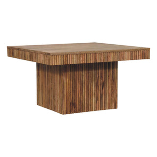 Side angle view of Blox Square Coffee Table Solid Mango Wood Ridged Pedestal Base Natural