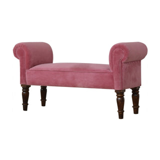Angled view of Blush Bedroom Bench Dusty Pink Velvet Scroll Arms Turned Dark Walnut Legs