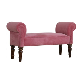 Front view of Blush Bedroom Bench Dusty Pink Velvet Scroll Arms Turned Dark Walnut Legs