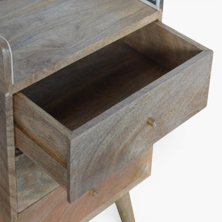 Side angle view of Bone Inlay Bedside Table Dot Gallery Back Three Drawer