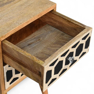Bone Inlay Bedside Table Honeycomb Black White Two Drawer Silver Knobs - side angle view