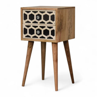 Bone Inlay Bedside Table Honeycomb Black White Two Drawer Silver Knobs - drawer open detail