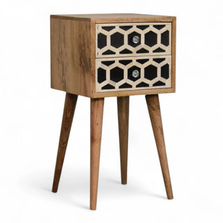 Bone Inlay Bedside Table Honeycomb Black White Two Drawer Silver Knobs - top surface view