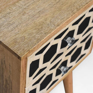 Bone Inlay Bedside Table Honeycomb Black White Two Drawer Silver Knobs - wood grain close up
