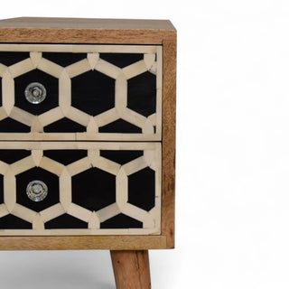 Bone Inlay Bedside Table Honeycomb Black White Two Drawer Silver Knobs - lifestyle bedroom