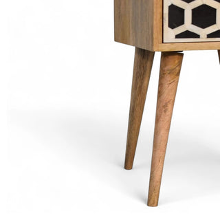 Bone Inlay Bedside Table Honeycomb Black White Two Drawer Silver Knobs - rear profile view