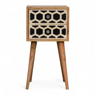 Bone Inlay Bedside Table Honeycomb Black White Two Drawer Silver Knobs - front view