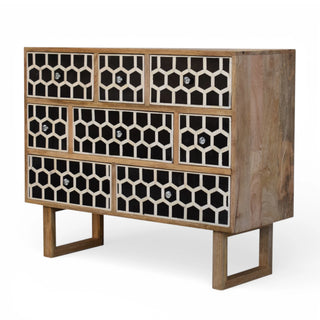 Side angle view of Bone Inlay Chest of Drawers Honeycomb Black White with white black bone inlay