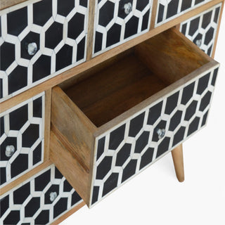 Side angle view of Bone Inlay Chest of Drawers Honeycomb Black White Glass Knobs