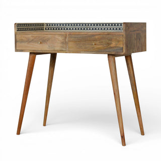 Side angle view of Bone Inlay Console Table Dot Gallery Back Dark Wood