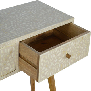 Side angle view of Bone Inlay Console Table Floral Grey with grey bone inlay drawer