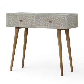 Side angle view of Bone Inlay Console Table Floral Taupe with taupe bone inlay drawer