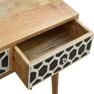 Side angle view of Bone Inlay Console Table Honeycomb Black White Brass Knobs