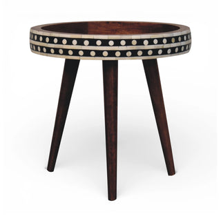 Bone Inlay Side Table Dot Border Round Dark Wood