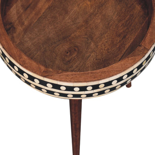 Bone Inlay Side Table Dot Border Round Dark Wood