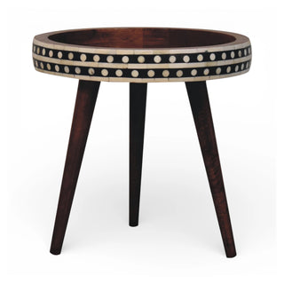 Bone Inlay Side Table Dot Border Round Dark Wood