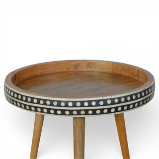Bone Inlay Side Table Dot Border Round Natural Wood