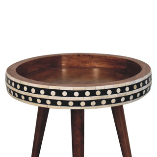 Bone Inlay Side Table Dot Border Round Dark Wood
