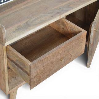 Side angle view of Bone Inlay Media Unit Dot Gallery Back Natural Wood