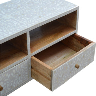 Side angle view of Bone Inlay Media Unit Floral Grey with grey bone inlay drawer