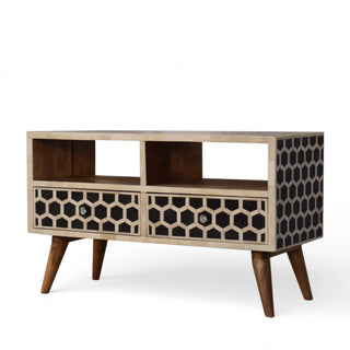 Side angle view of Bone Inlay Media Unit Honeycomb Black White Glass Knobs
