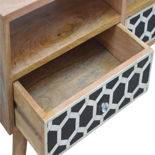 Side angle view of Bone Inlay Media Unit Honeycomb Black White Glass Knobs Single Shelf