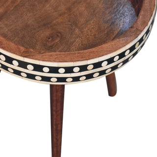 Side angle view of Bone Inlay Side Table Dot Border Round Dark Wood with dark wood bone inlay round