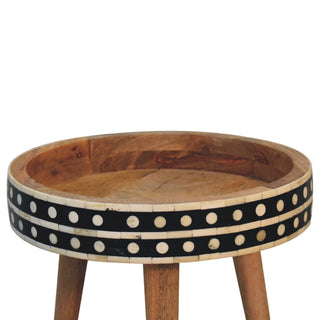Bone Inlay Side Table – Dot Border Round – rear view showing dark wood construction and bone inlay pattern