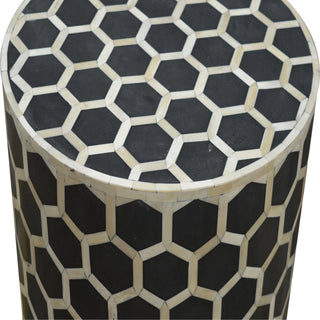 Angled view of Bone Inlay Stool Honeycomb Black White Drum with white black bone inlay