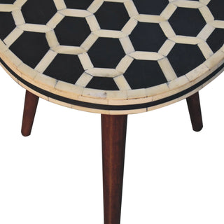 Angled view of Bone Inlay Stool Honeycomb Round Top Dark Wood Tripod with dark wood bone inlay round