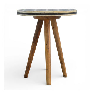 Angled view of Bone Inlay Stool Honeycomb Round Top Natural Wood Tripod