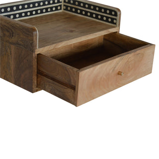 Side angle view of Bone Inlay Wall Mounted Bedside Table Dot Gallery Back Natural