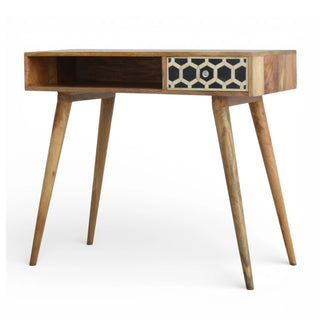Side angle view of Bone Inlay Writing Desk Honeycomb Black White with white black bone inlay