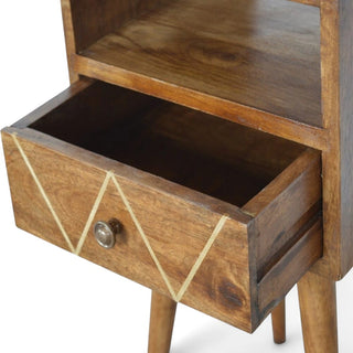 Brass Inlay Solid Wood Nightstand Mini Geometric Design - side angle view