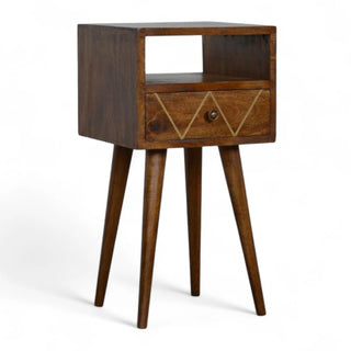 Brass Inlay Solid Wood Nightstand Mini Geometric Design - rattan weave detail
