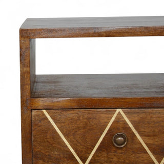 Brass Inlay Solid Wood Nightstand Mini Geometric Design - bun feet detail