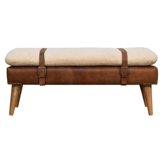 Breva Entryway Bench Cream Boucle Seat Mid-Brown Leather Central Buckle Natural Oak Legs - front view